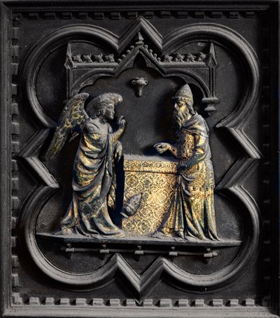 The Angel Announces to Zechariah, first panel of the South Doors of the Baptistery of San Giovanni, 1336 by Andrea Pisano